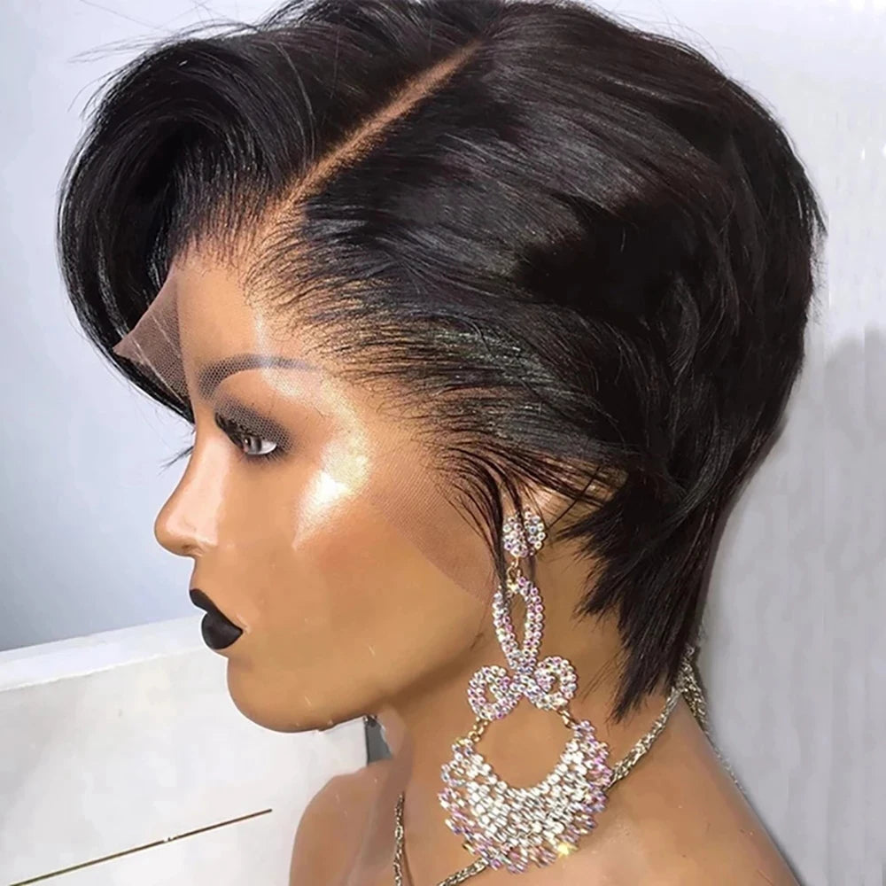 Short Pixie Cut Wigs Straight Human Hair Bob Wigs Brazilian 13*1 Transparent Lace Front Wigs For Women Natural Color