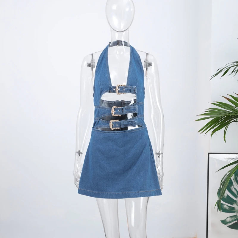 Deep V Neck Halter Denim Dress Hollow Out Belt Design Waist Cinched Slim Fit Cowboy Women Vest Short Dresses Streetwear Clothes
