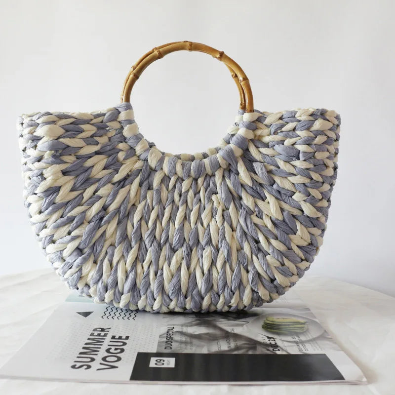 Handmade Shell Embroidery Woven Tote Bag – Luxury Straw Bucket Handbag with Wooden Handle