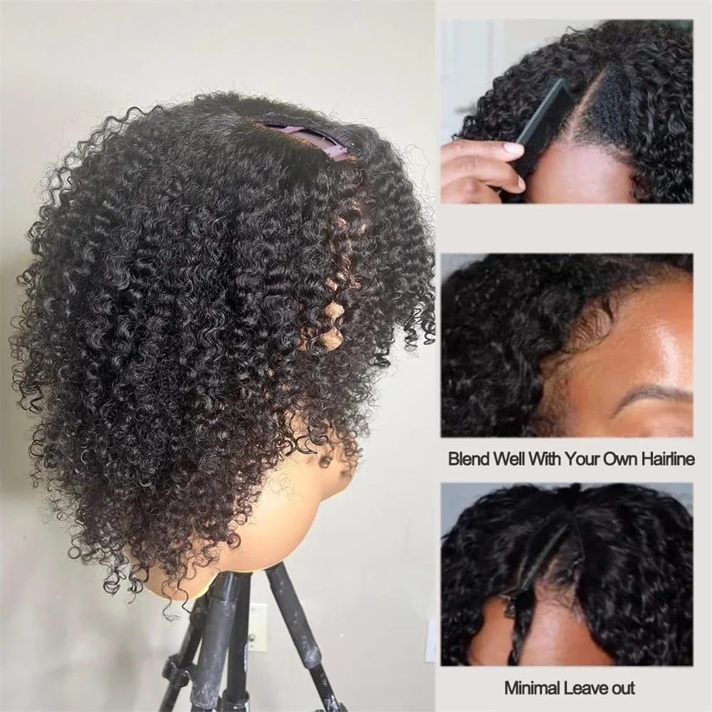 Afro Kinky Curly V Part Wig Human Hair 200% Afro Curly V Part Wig 10-24 Inch Full Machine Made  Remy Hair V Part Wig For Women