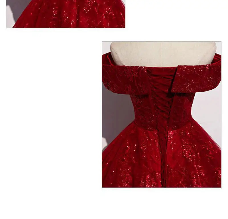 Red Evening Dress 2024 New Off The Shoulder Classic Elegant Ball Gown Sleeveless Sequined Tulle Banquet Shinning Host Customized