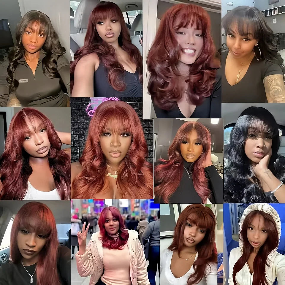 Reddish Brown Colored Body Wave With Bangs 13x6 Lace Frontal Wig Brazilian Remy Human Hair Wig For Women 5x7 Lace Closure Wigs