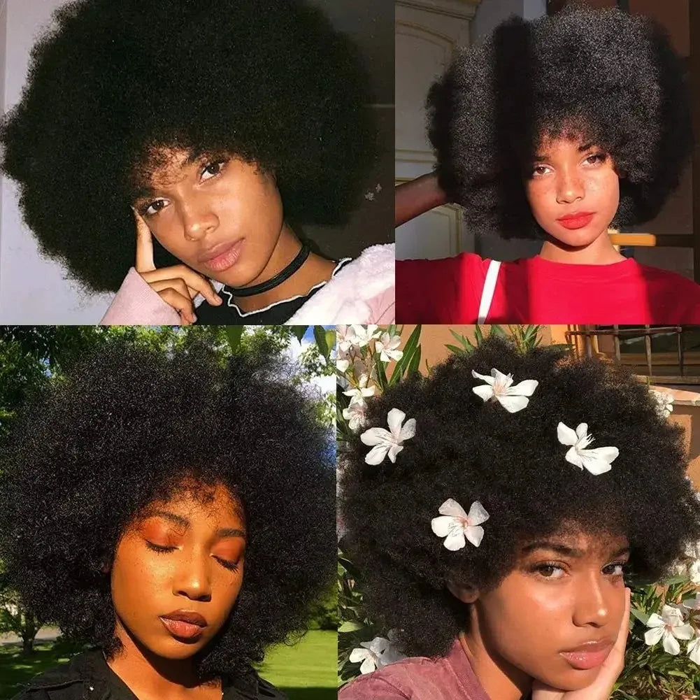 Brazilian Afro Kinky Curly Bob Wigs 200% Density Remy Human Hair Wigs Nature Black Color Wigs With Bang Glueless For Black Women
