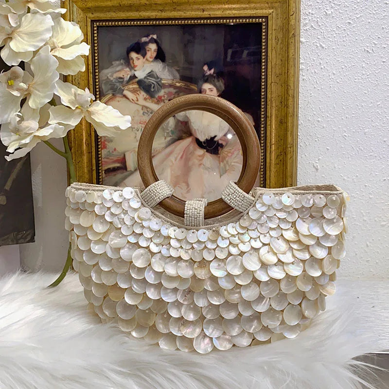 Handmade Shell Embroidery Woven Tote Bag – Luxury Straw Bucket Handbag with Wooden Handle