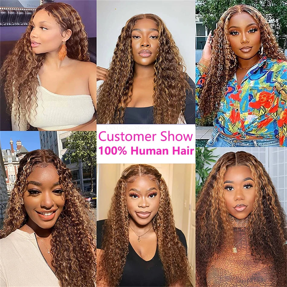 HD 13x6 Brown Lace Front Wig Honey Blonde Colored Curly Human Hair Wigs Highlight Wig Human Hair 13X4 Deep Wave Lace Frontal Wig