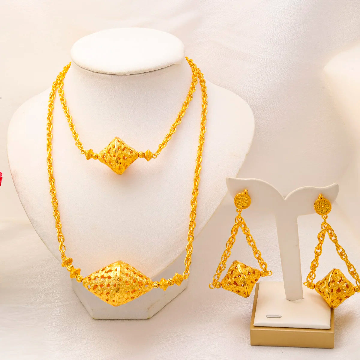 Indian 24K Gold Color Necklace Earrings Jewelry Sets Nigerian Party Bridal Wedding Women