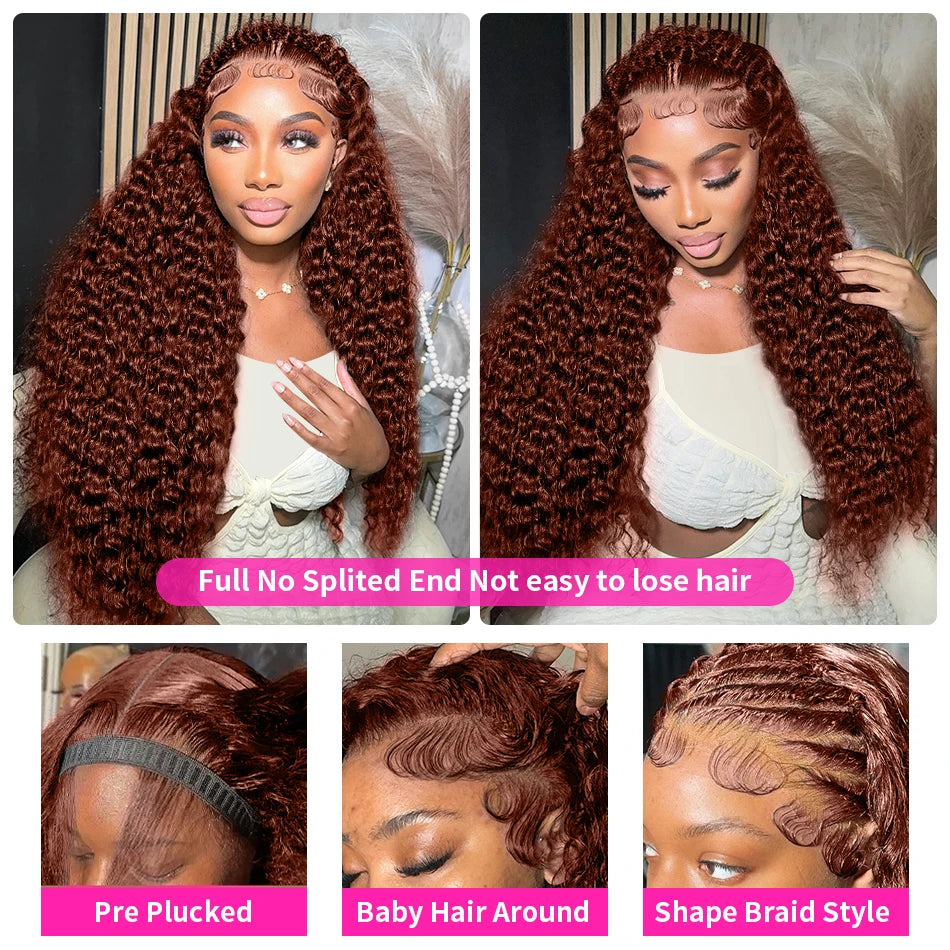 180% Reddish Brown Deep Wave 13x6 Lace Front Wigs Pre Plucked 13x4 Curly Transparent Lace Front Wigs Human Hair For Women