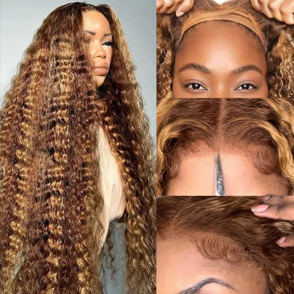30Inch Highlight Ombre Deep Wave Glueless Wig Human Hair Ready To Wear Brazilian Colored 13x4 Curly Lace Frontal Wigs For Women