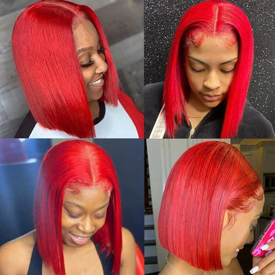 Hot Red Bob Wig 13x4 Lace Front Human Hair Wigs For Women Brazilian Bone Straight Red Colored Lace Frontal Wigs 10 12 14 Inch