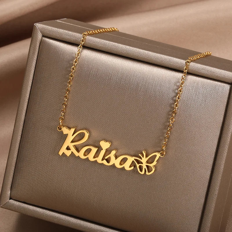 Personalized Butterfly Name Necklace Women Girl Custom Stainless Steel Nameplate Choker Necklaces Handmade Jewelry