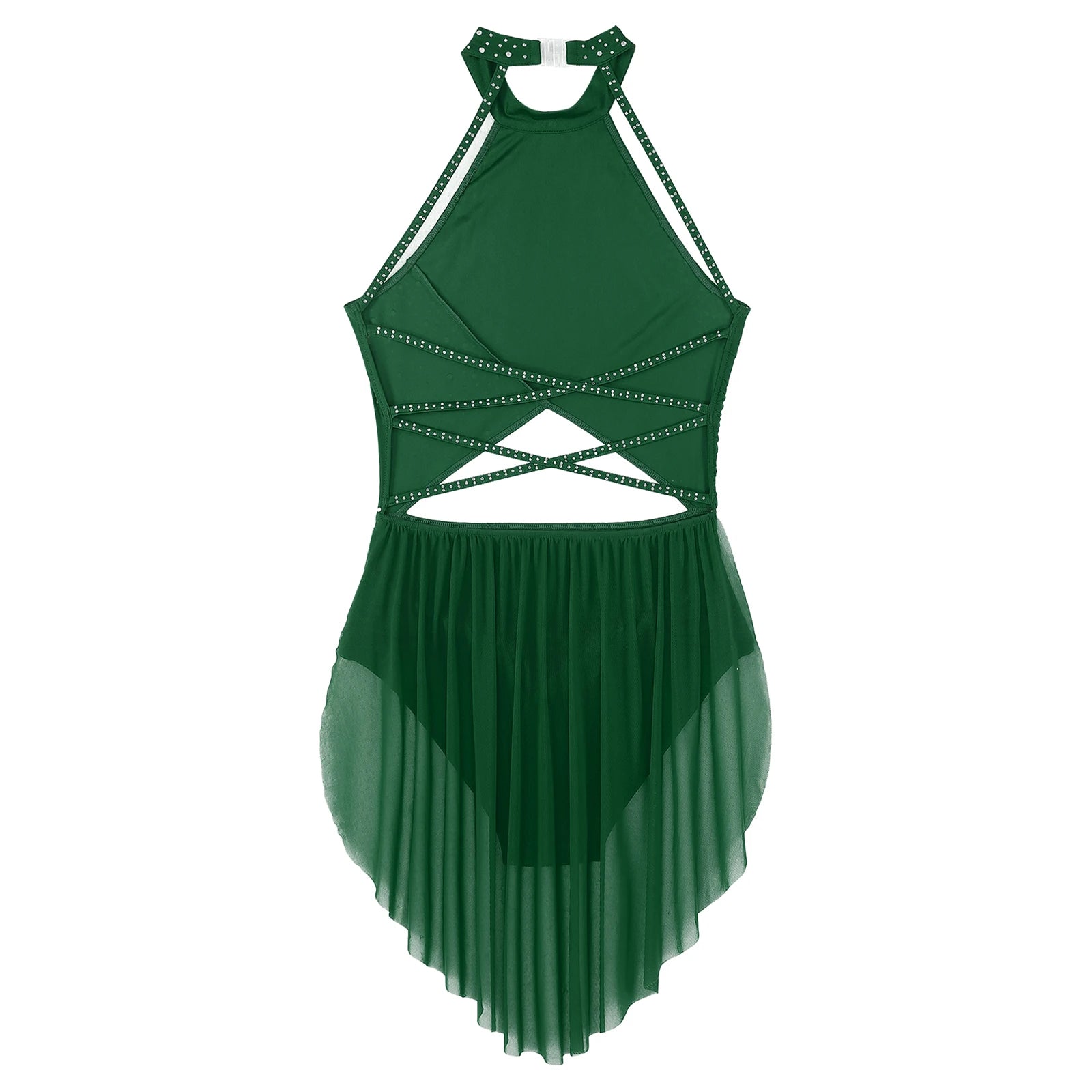 Womens Lyrical Dance Dress Performance Costume Cutout Strappy Backless Sheer Mesh Overlay Glittery Rhinestone Leotard Dress