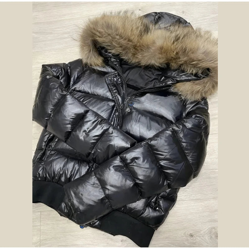 Women Glossy Surface Hooded Padded Jacket Fashion Faux Fur Zipper Cropped Jackets Lady