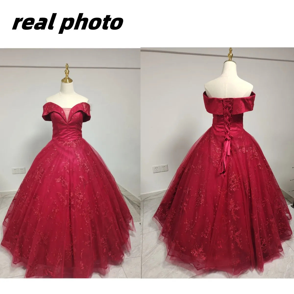 Red Evening Dress 2024 New Off The Shoulder Classic Elegant Ball Gown Sleeveless Sequined Tulle Banquet Shinning Host Customized