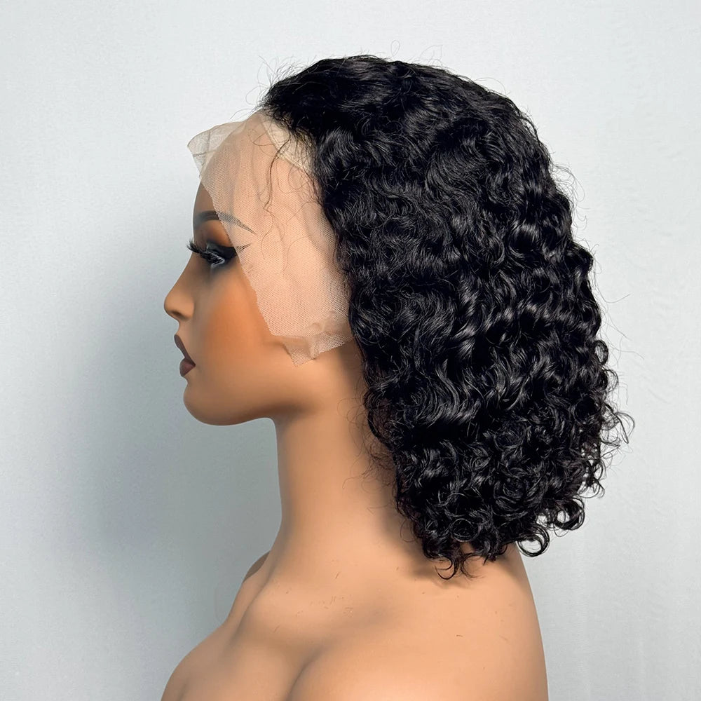 250% Density Double Drawn 12A 10 Inches Bob Pixie Cut Water Wave Curly Human Hair Wig 13x4 Transparent Lace Front Human Hair Wig