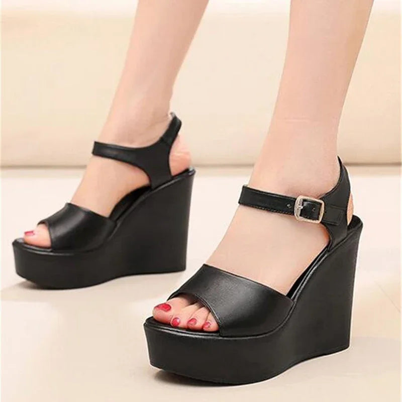 BEYARNENew Black White Fish Mouth Genuine Leather Sandals Wedges Platform High Heeled Sandals6 / 8 / 11Cm Big Size Women Sandals
