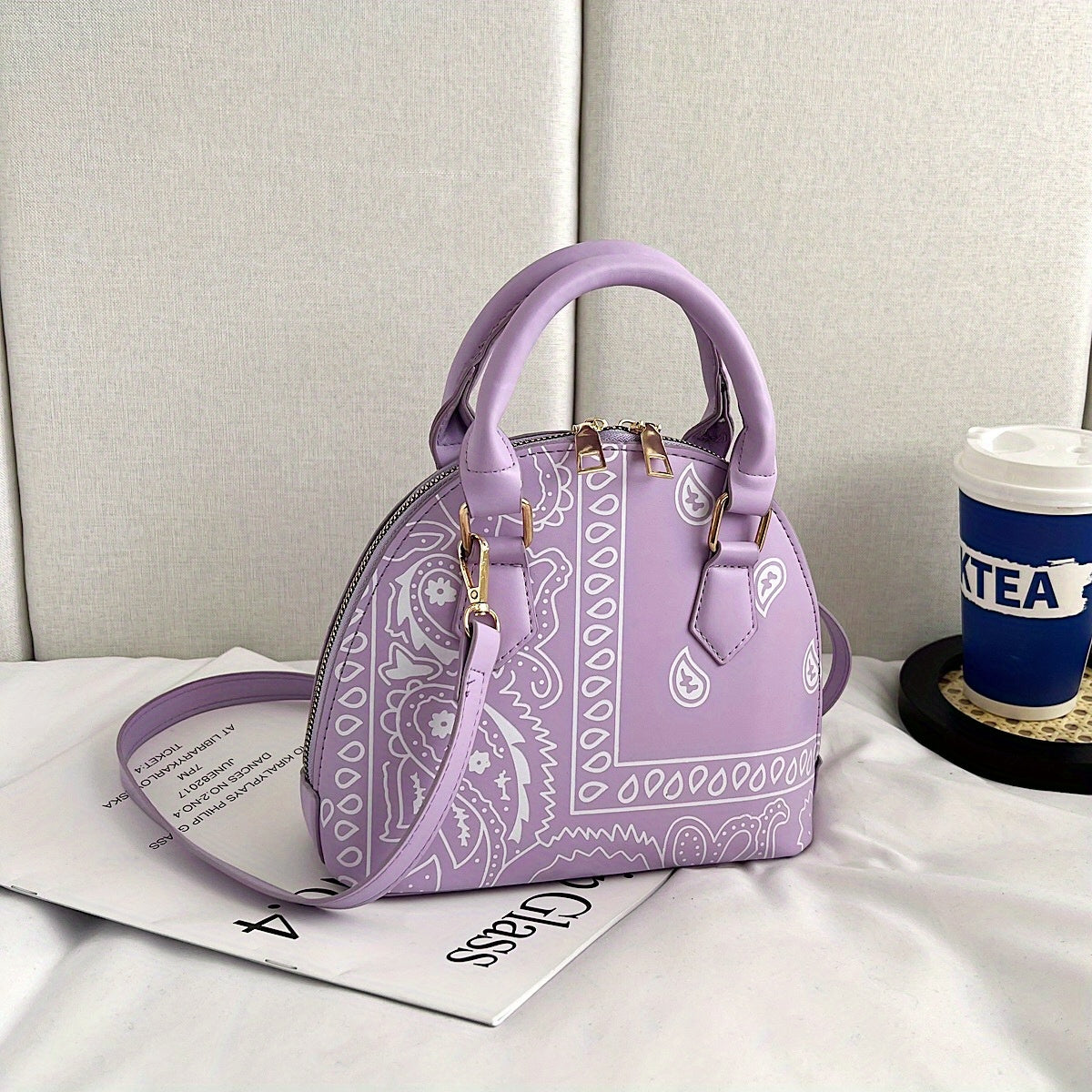 Versatile Dome Shoulder Bag, Portable Double Handle Stylish Handbag, Zipper Faux Leather Trendy Crossbody Bag
