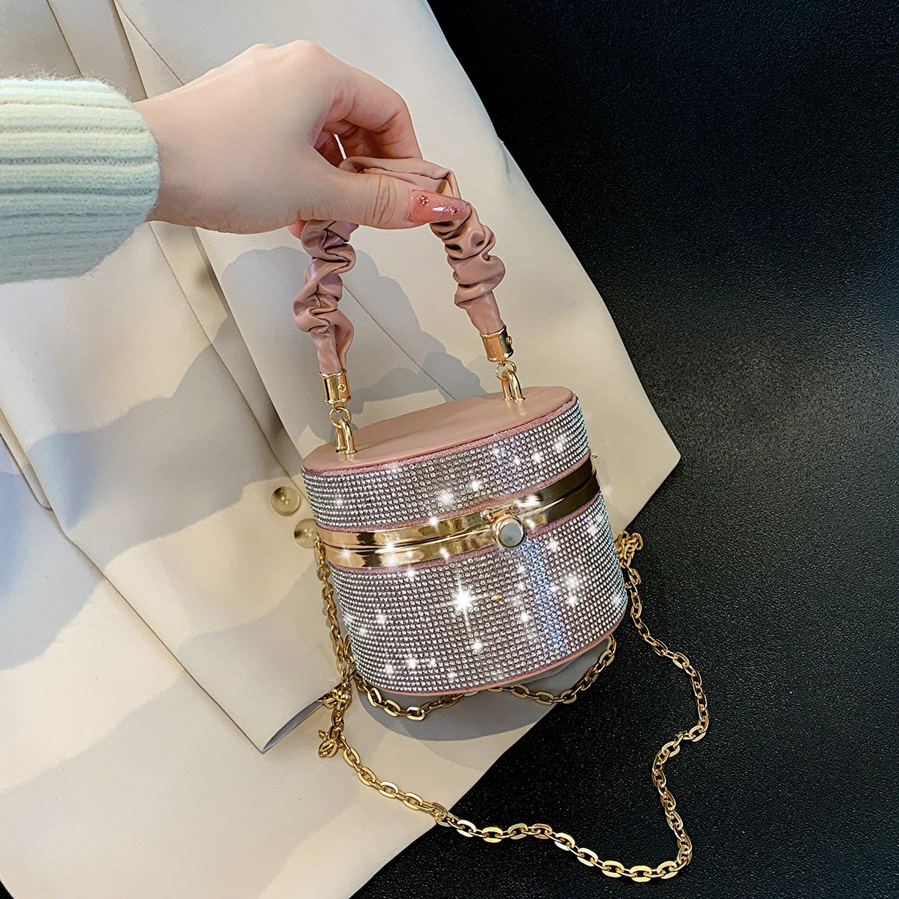 Mini Allover Rhinestone Handbag, Ruched Detail Evening Bucket Bag, Stylish Chain Shoulder Purse For Party Inch - Rhinestone & Chain Detail - Perfect for Evening Events & Parties - Ideal Gift for Women -  For Car
