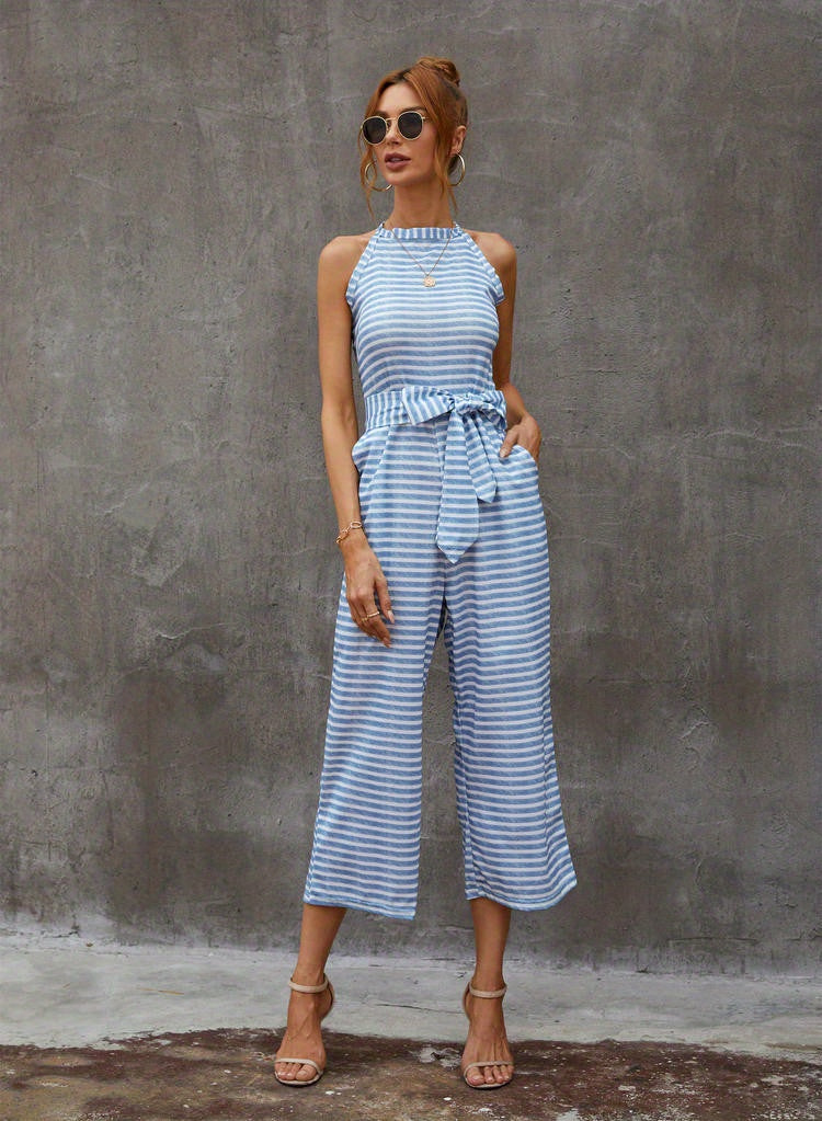 Elegant Striped Midi Jumpsuit with Tie Belt | Sleeveless Wide-Leg Design for Summer Chic | Durable & Easy-Care Knit
