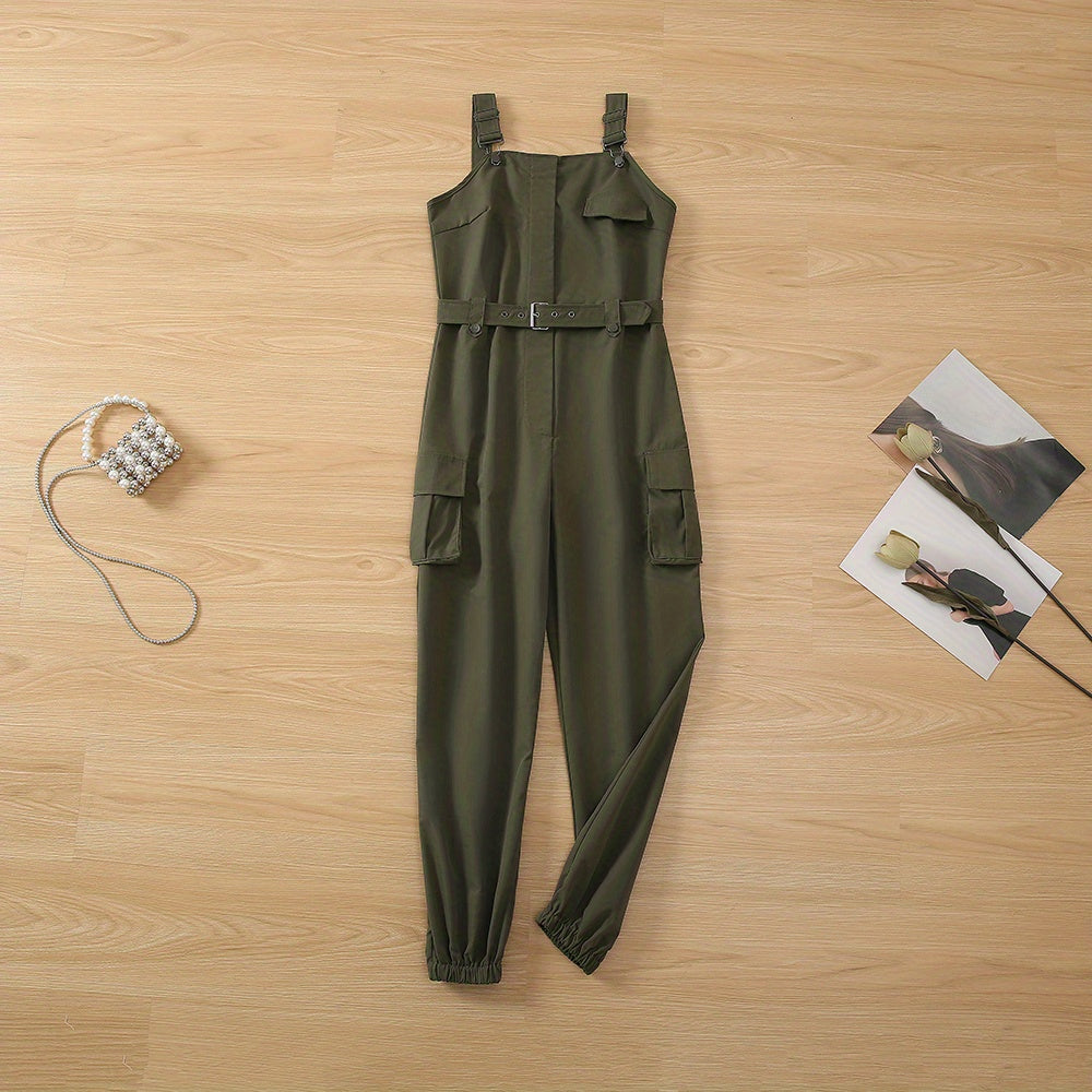 Flap Pockets Belted Overall Jumpsuit, Casual Overall Jumpsuit For Spring & Summer, Women's Clothing