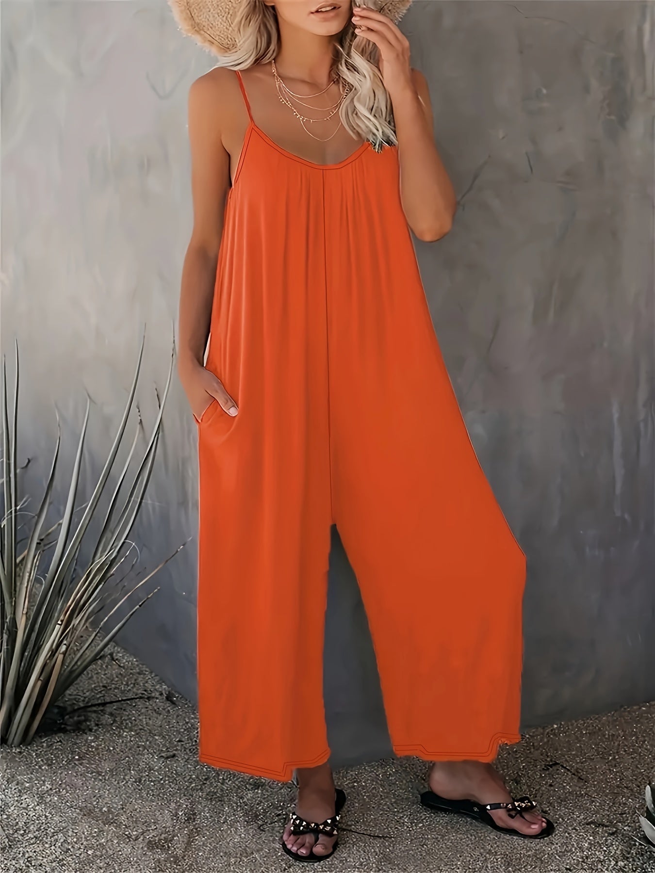 Women'S Light Blue Sleeveless Jumpsuit with Pockets - Casual Polyester Knit Fabric, V-Neck, Summer 2023, Beach Coverup, Beach Coverup Jumpsuit | Casual Style Jumpsuit | Knit Construction