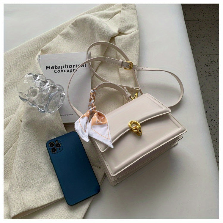 Handbag, Trendy Scarf Decor Crossbody Bag, Women's Small PU Leather Flap Purse