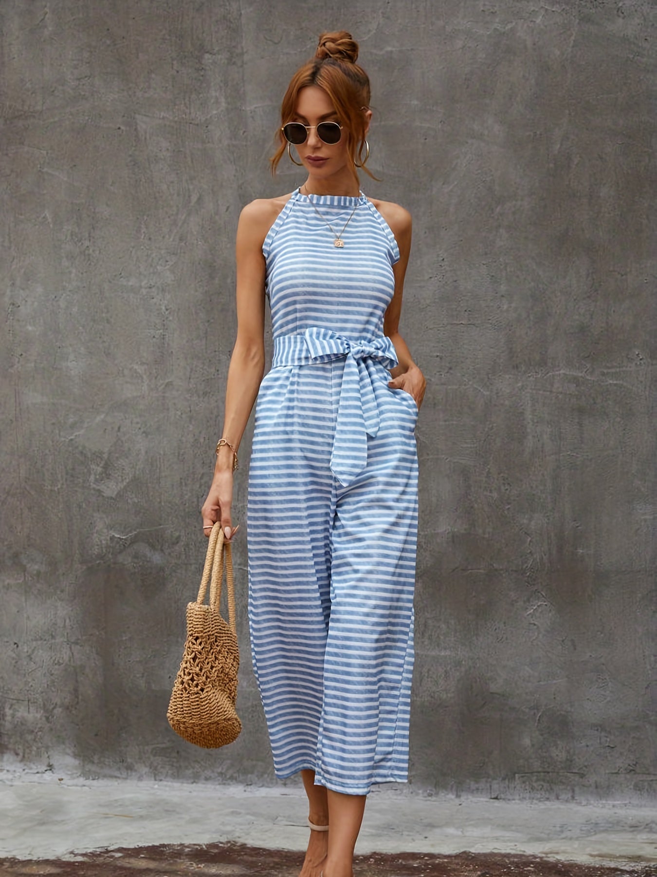 Elegant Striped Midi Jumpsuit with Tie Belt | Sleeveless Wide-Leg Design for Summer Chic | Durable & Easy-Care Knit