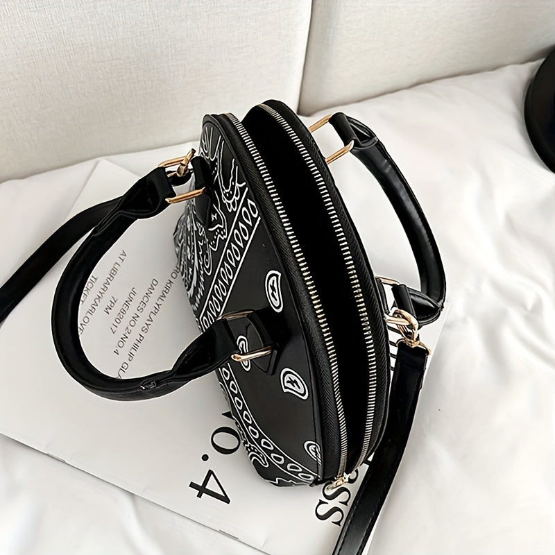 Versatile Dome Shoulder Bag, Portable Double Handle Stylish Handbag, Zipper Faux Leather Trendy Crossbody Bag