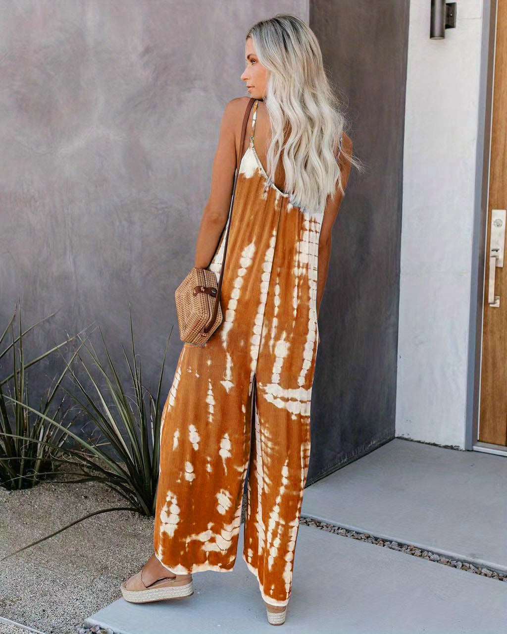 Women's Casual Tie-Dye Cami Jumpsuit - Sexy Wide Leg, Sleeveless, Vibrant Orange and Brown Print, Perfect for Spring/Summer/Fall