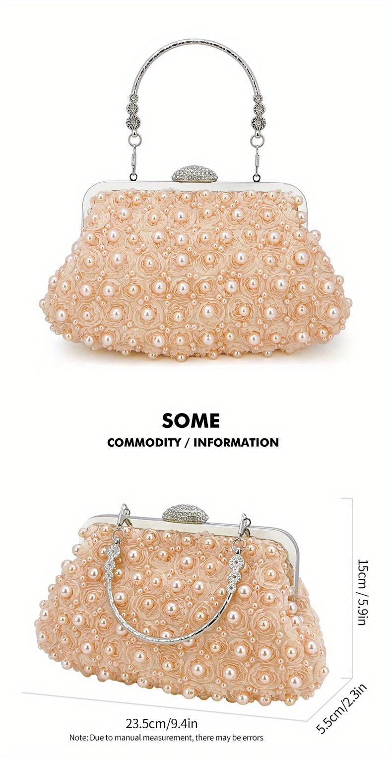 Luxurious Faux Pearl Evening Clutch Bag - 3D Flower Embellished, Top Ring Design, Wedding Bridal Prom Banquet Purse with Elegant Look and Compact Size
