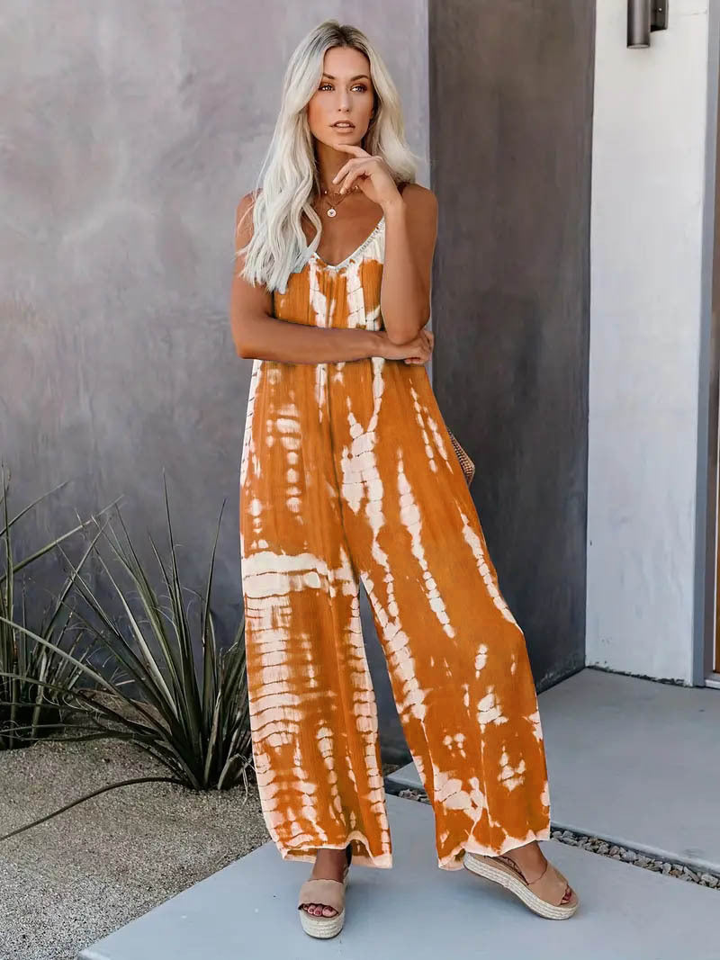 Women's Casual Tie-Dye Cami Jumpsuit - Sexy Wide Leg, Sleeveless, Vibrant Orange and Brown Print, Perfect for Spring/Summer/Fall