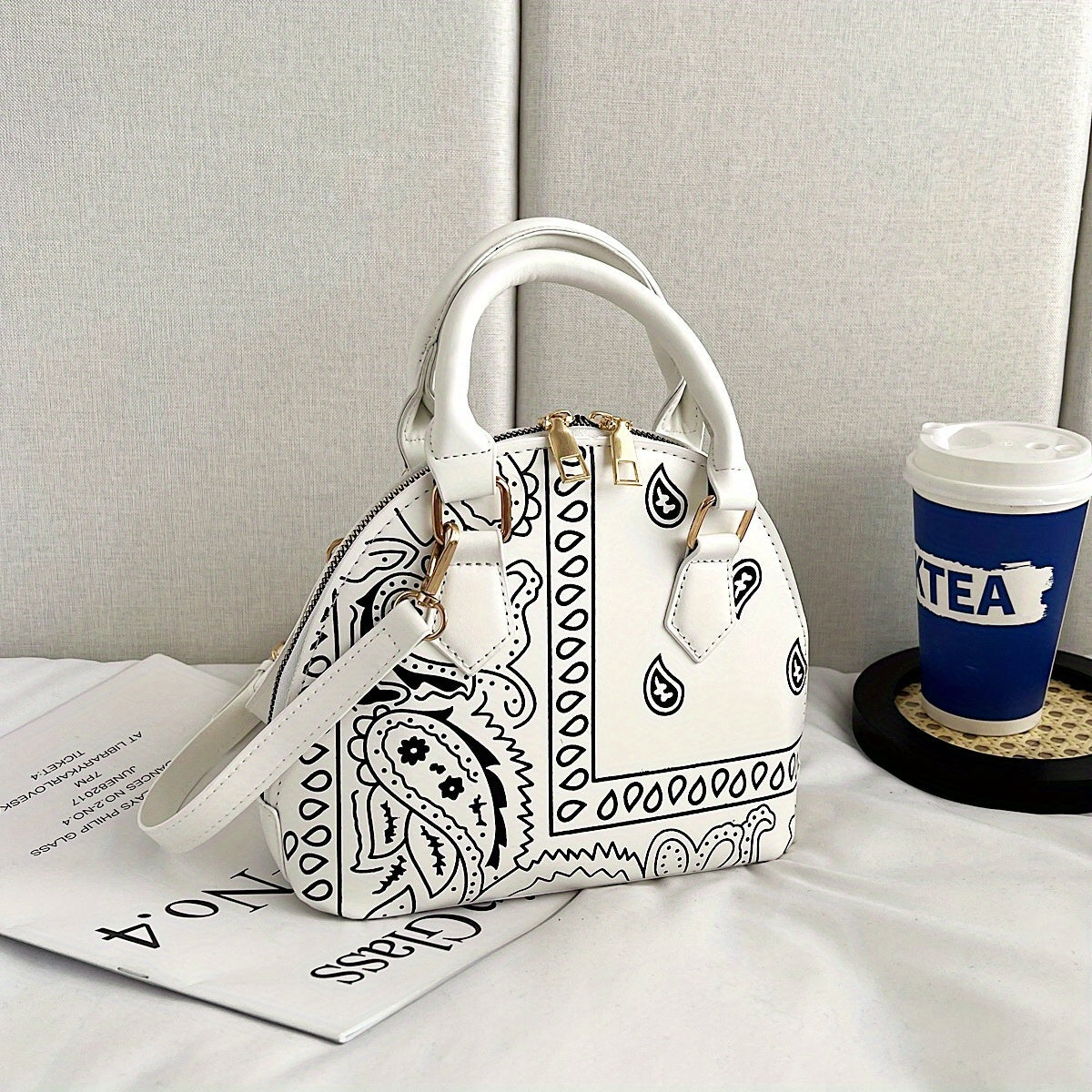 Versatile Dome Shoulder Bag, Portable Double Handle Stylish Handbag, Zipper Faux Leather Trendy Crossbody Bag