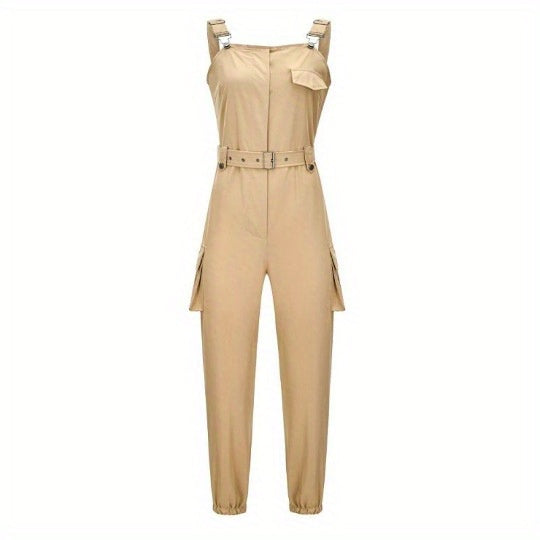 Flap Pockets Belted Overall Jumpsuit, Casual Overall Jumpsuit For Spring & Summer, Women's Clothing