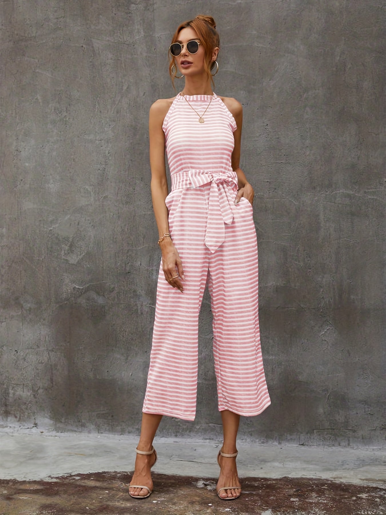 Elegant Striped Midi Jumpsuit with Tie Belt | Sleeveless Wide-Leg Design for Summer Chic | Durable & Easy-Care Knit