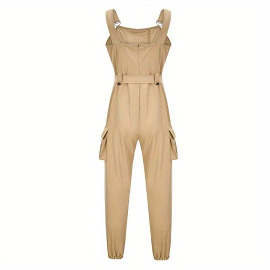 Flap Pockets Belted Overall Jumpsuit, Casual Overall Jumpsuit For Spring & Summer, Women's Clothing