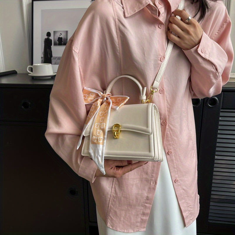 Handbag, Trendy Scarf Decor Crossbody Bag, Women's Small PU Leather Flap Purse