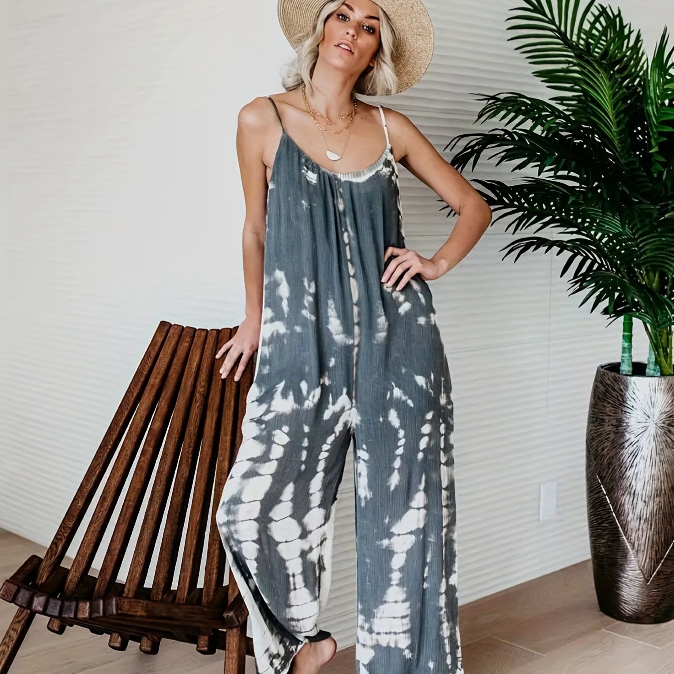 Women's Casual Tie-Dye Cami Jumpsuit - Sexy Wide Leg, Sleeveless, Vibrant Orange and Brown Print, Perfect for Spring/Summer/Fall