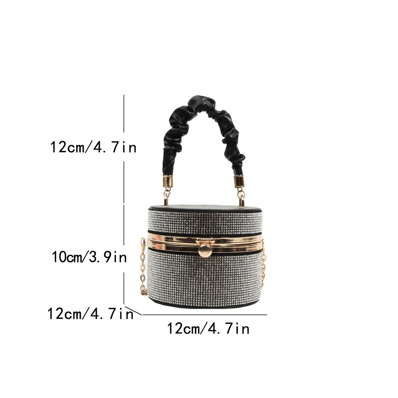 Mini Allover Rhinestone Handbag, Ruched Detail Evening Bucket Bag, Stylish Chain Shoulder Purse For Party Inch - Rhinestone & Chain Detail - Perfect for Evening Events & Parties - Ideal Gift for Women -  For Car