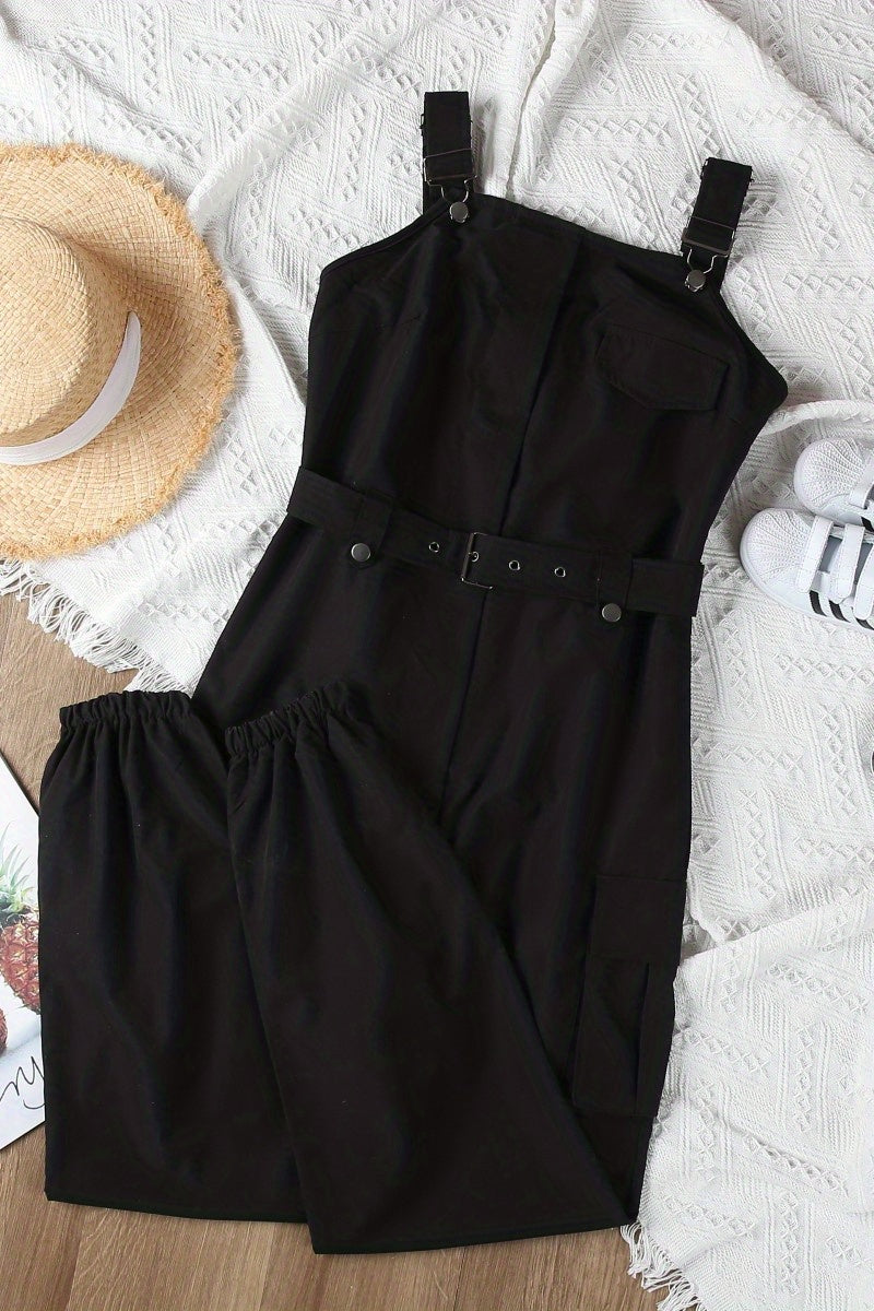 Flap Pockets Belted Overall Jumpsuit, Casual Overall Jumpsuit For Spring & Summer, Women's Clothing