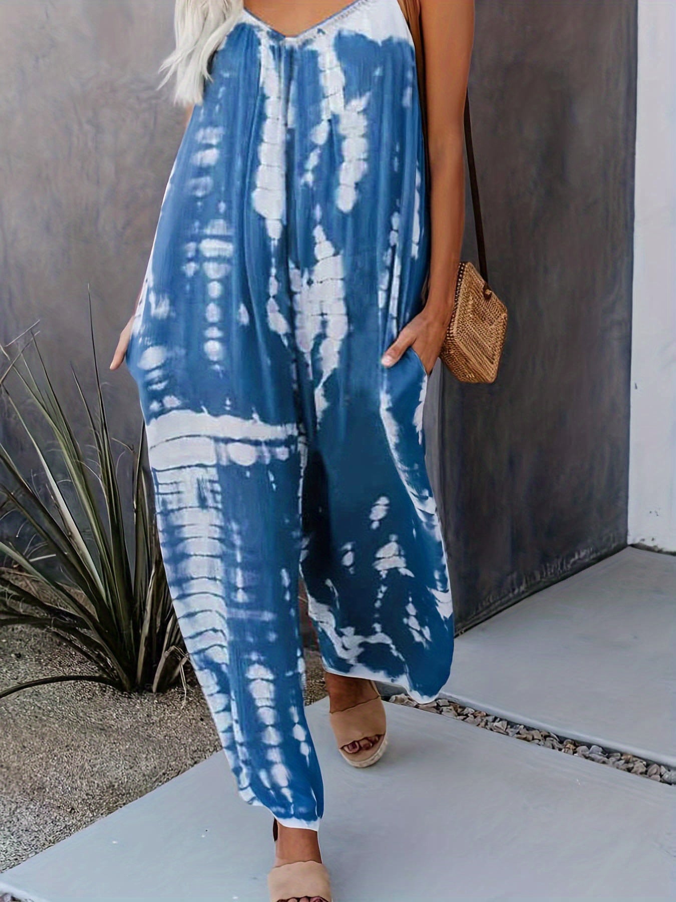 Women's Casual Tie-Dye Cami Jumpsuit - Sexy Wide Leg, Sleeveless, Vibrant Orange and Brown Print, Perfect for Spring/Summer/Fall