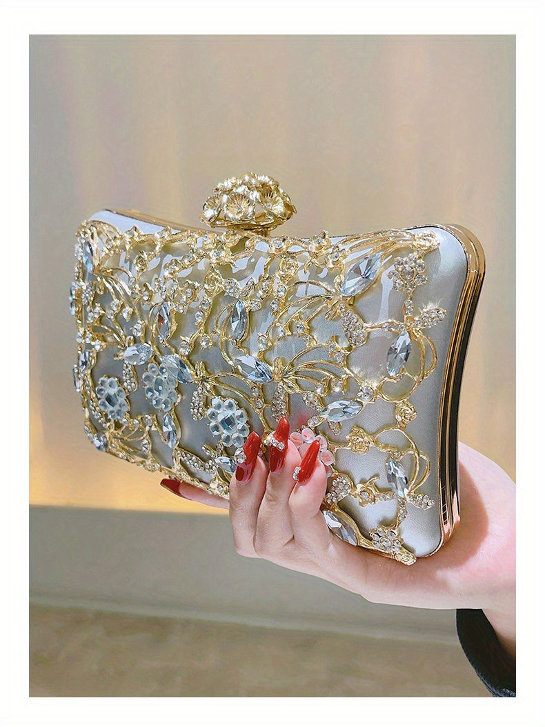 Elegant Hollow Rhinestone Women's Evening Bag, Box Clutch Purse for Party Prom Wedding