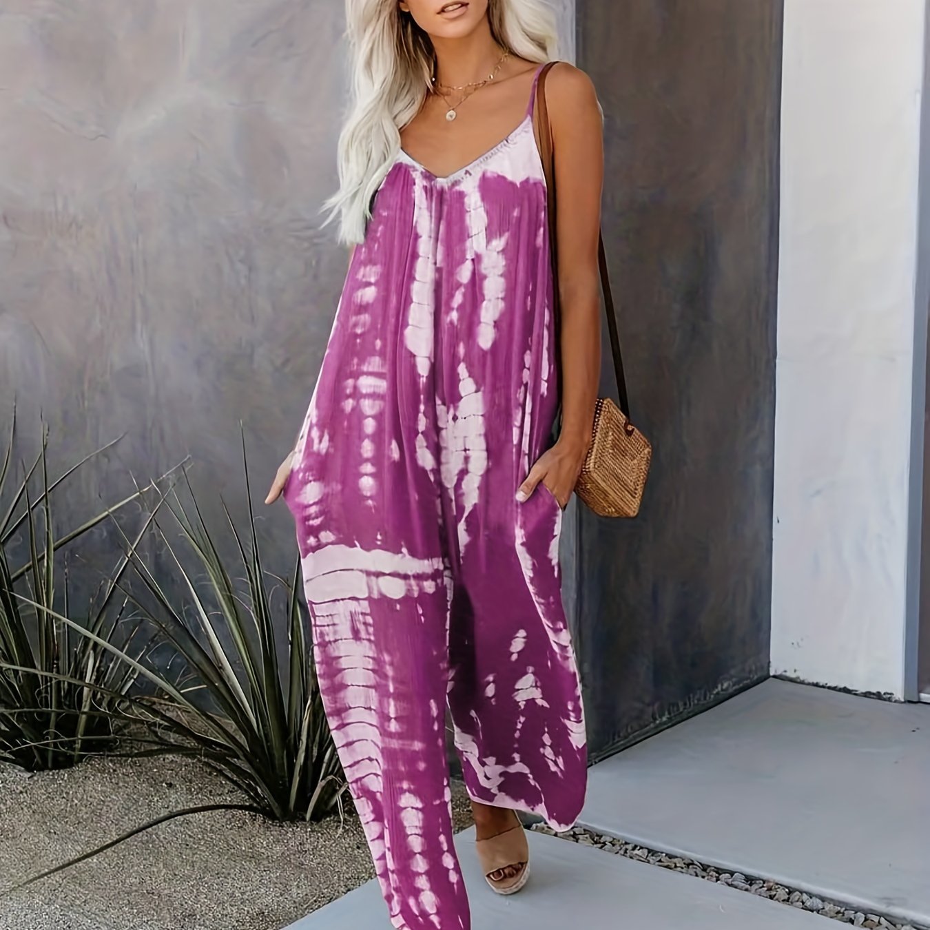 Women's Casual Tie-Dye Cami Jumpsuit - Sexy Wide Leg, Sleeveless, Vibrant Orange and Brown Print, Perfect for Spring/Summer/Fall