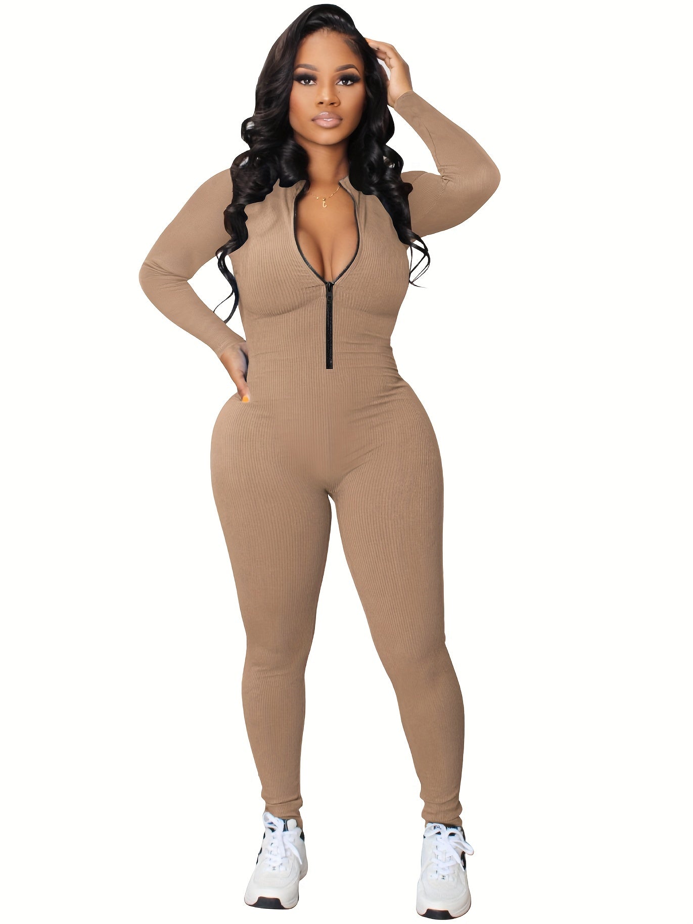 Women's Zip-Front Slim Jumpsuit - Cozy, Stretchy & Chic - Perfect for Spring/Fall