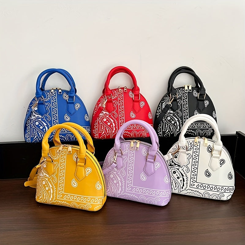 Versatile Dome Shoulder Bag, Portable Double Handle Stylish Handbag, Zipper Faux Leather Trendy Crossbody Bag