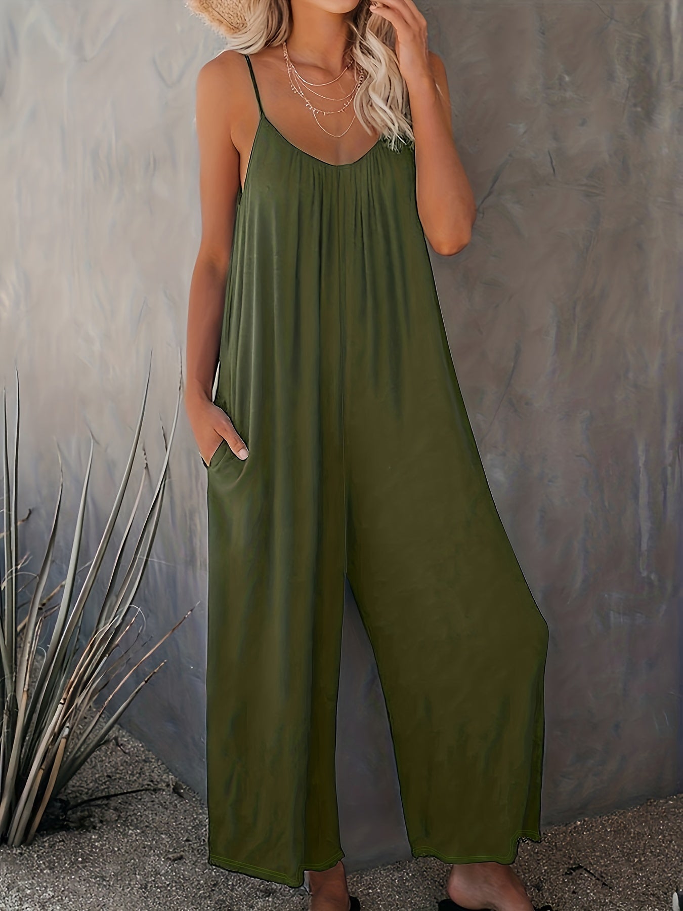 Women'S Light Blue Sleeveless Jumpsuit with Pockets - Casual Polyester Knit Fabric, V-Neck, Summer 2023, Beach Coverup, Beach Coverup Jumpsuit | Casual Style Jumpsuit | Knit Construction