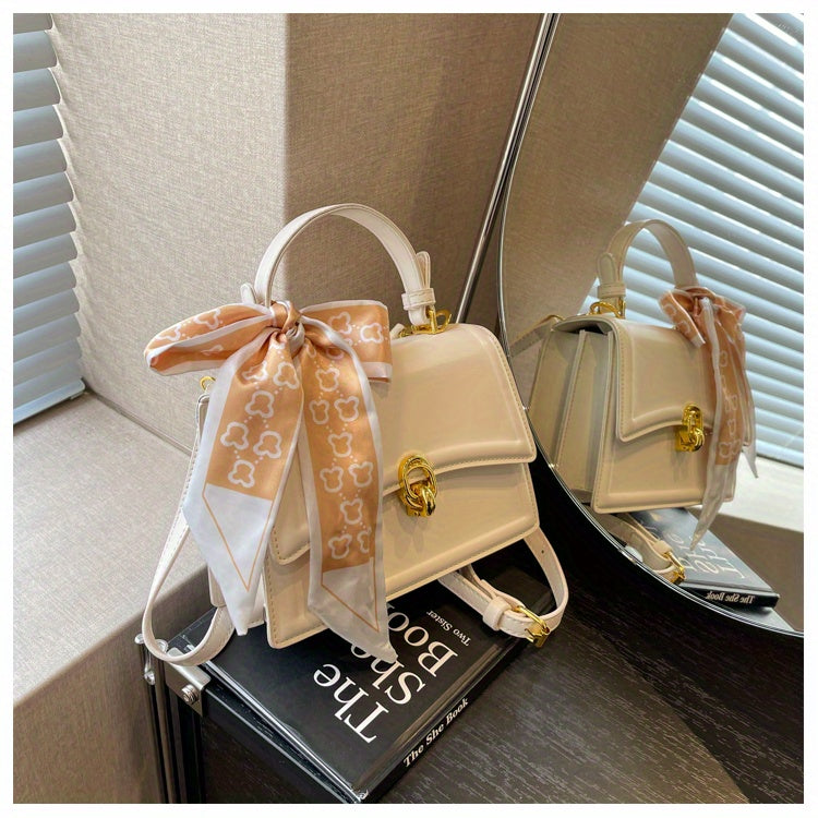 Handbag, Trendy Scarf Decor Crossbody Bag, Women's Small PU Leather Flap Purse