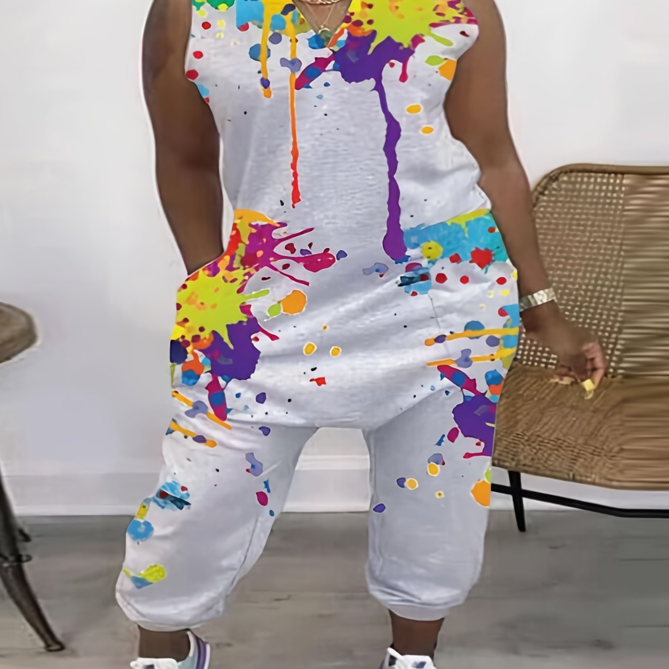 Women's Plus Size Splatter Print Jumpsuit with V-Neck and Convenient Pockets