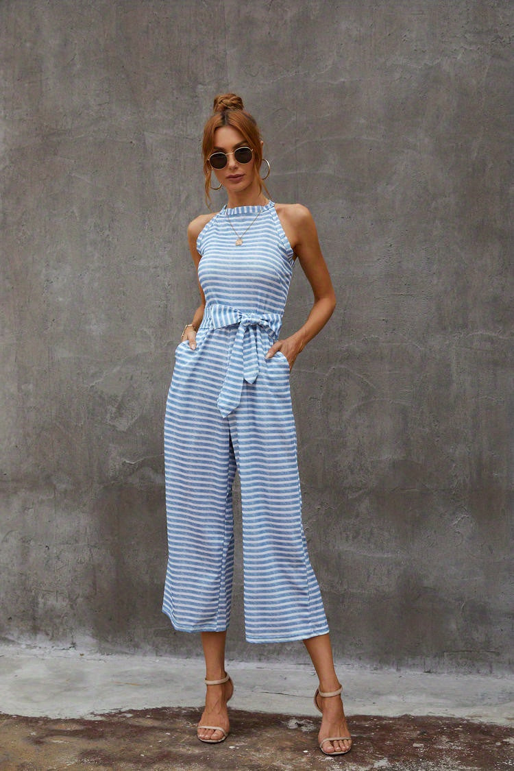 Elegant Striped Midi Jumpsuit with Tie Belt | Sleeveless Wide-Leg Design for Summer Chic | Durable & Easy-Care Knit