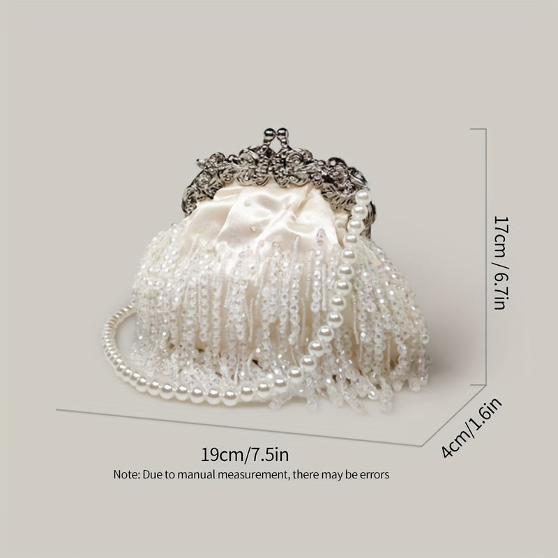 Beaded Crystal Evening Bag For Women, Tassel Decor Kiss Lock Clutch Purse, Elegant Satin Handbags For Wedding Prom Party