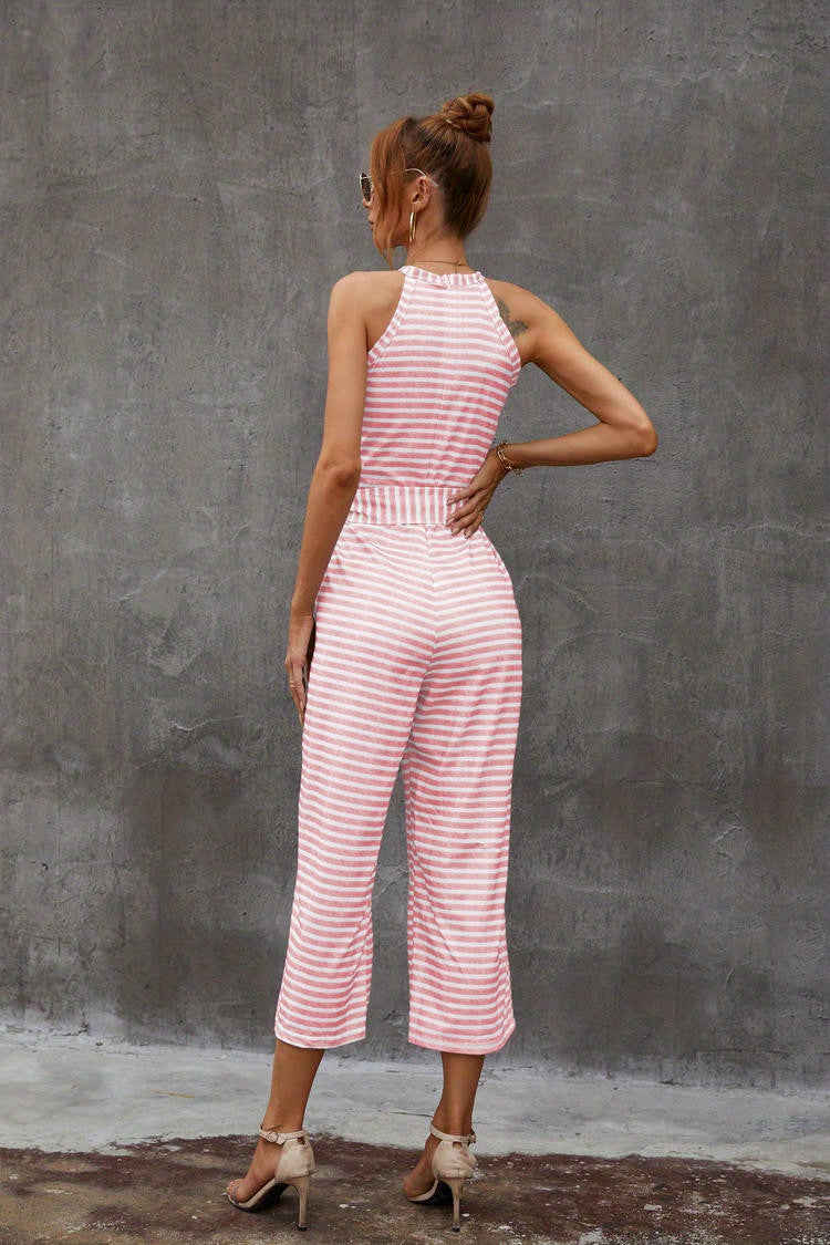 Elegant Striped Midi Jumpsuit with Tie Belt | Sleeveless Wide-Leg Design for Summer Chic | Durable & Easy-Care Knit