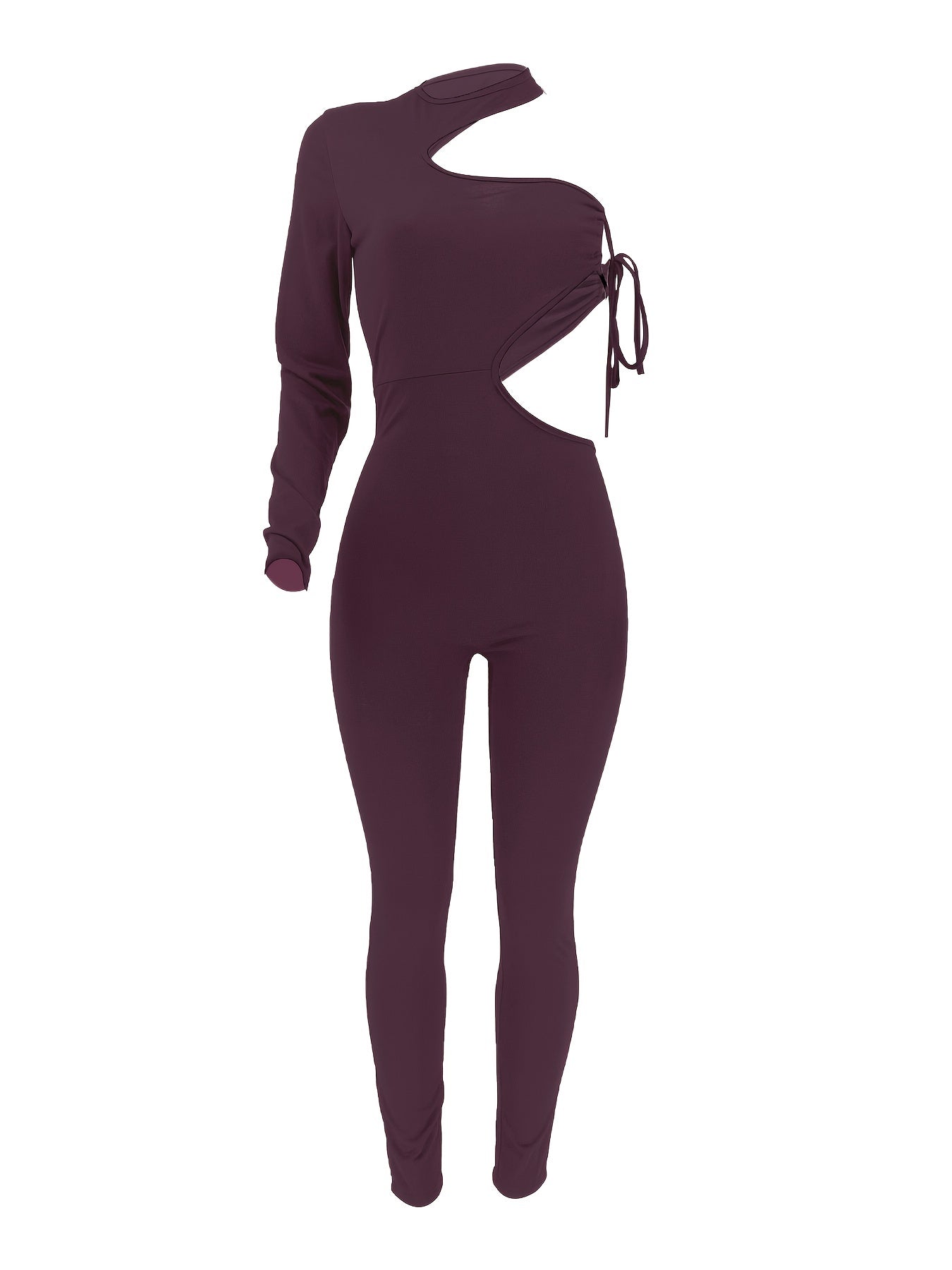 Sexy Asymmetrical One Shoulder Bodycon Jumpsuit - Mid Elasticity, Crew Neck, Solid Color, Polyester, Knit Fabric, Summer Casual Wear for Women - No Sheer, No Printing, Bandeau Style
